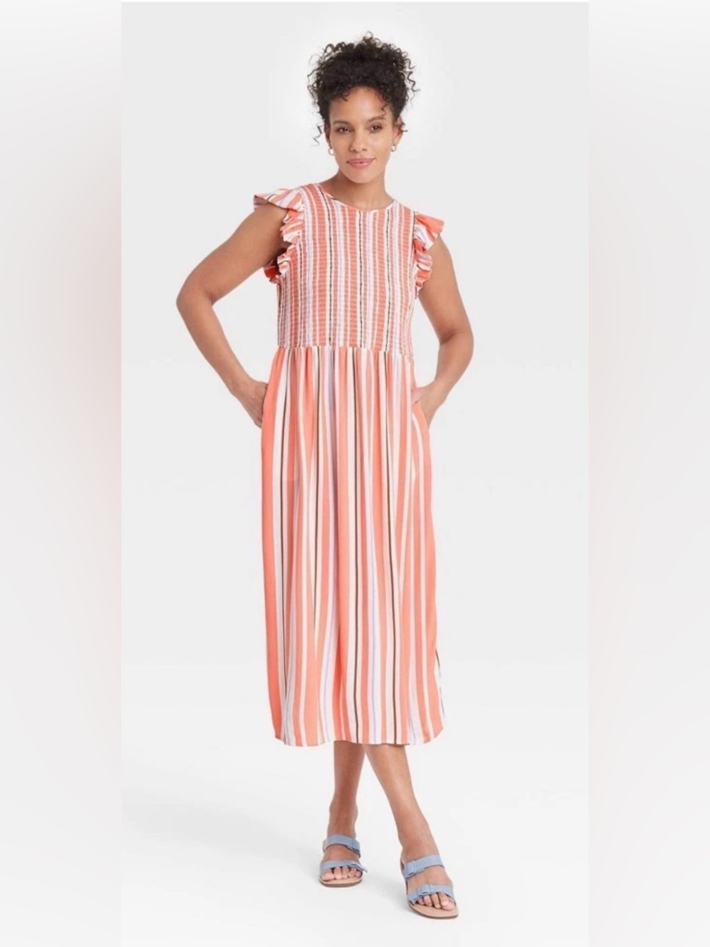 A New Day Women’s Orange/ White/Purple smocked  Ruffle Sleeve Midi Dress size L